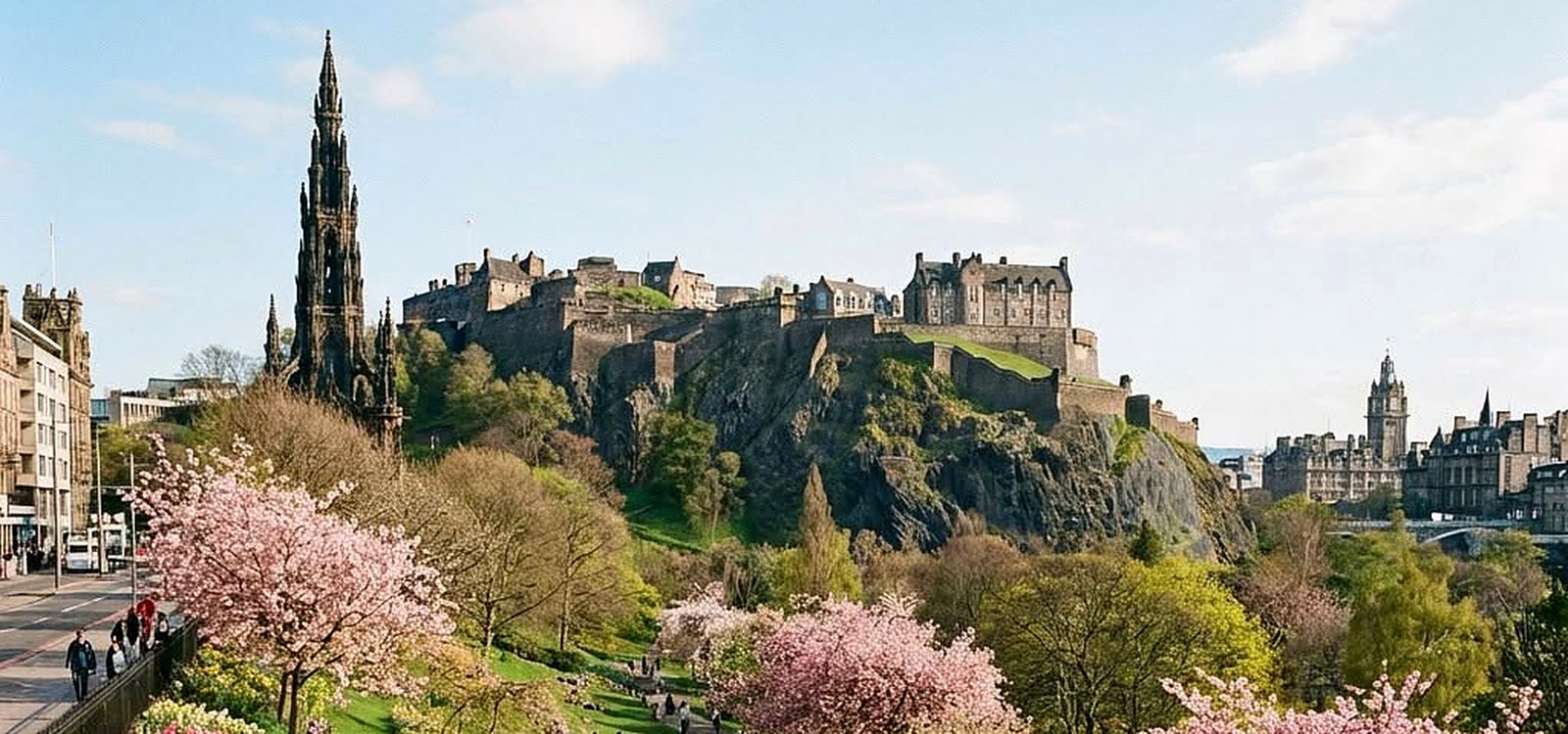 Castelo de Edimburgo visto dos Princes Street Gardens, com o Scott Monument e cerejeiras floridas