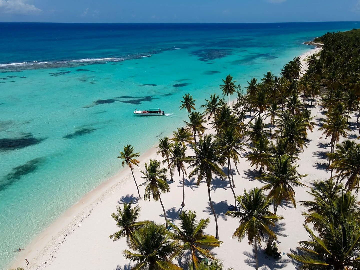 Vista aérea da Ilha Saona com coqueiros, areia branca e água turquesa