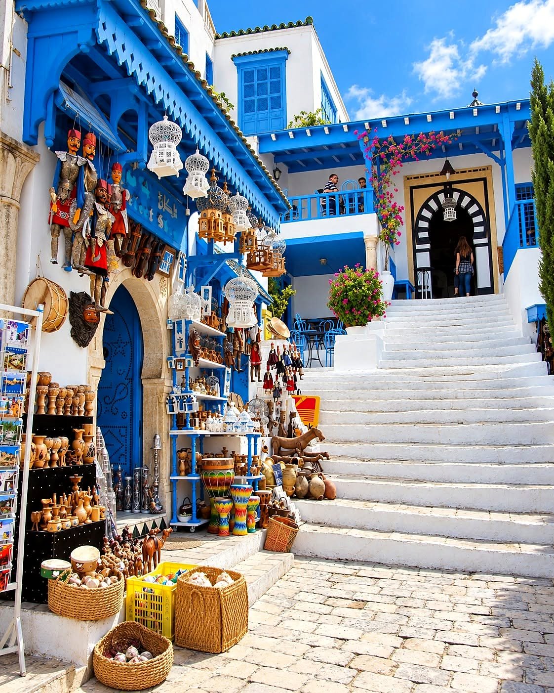 Escadaria branca e lojas de artesanato em Sidi Bou Said