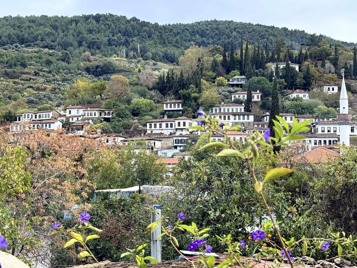 Casas brancas da vila de Şirince entre oliveiras e ciprestes na encosta