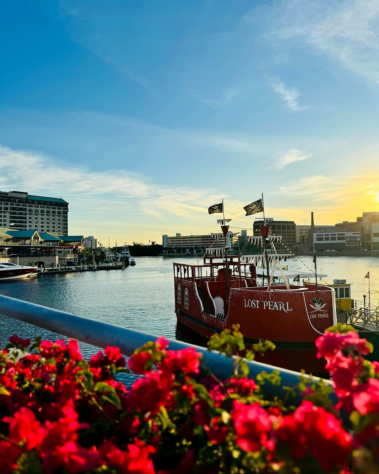 Barco pirata Lost Pearl atracado na orla de Tampa ao entardecer, com flores em primeiro plano