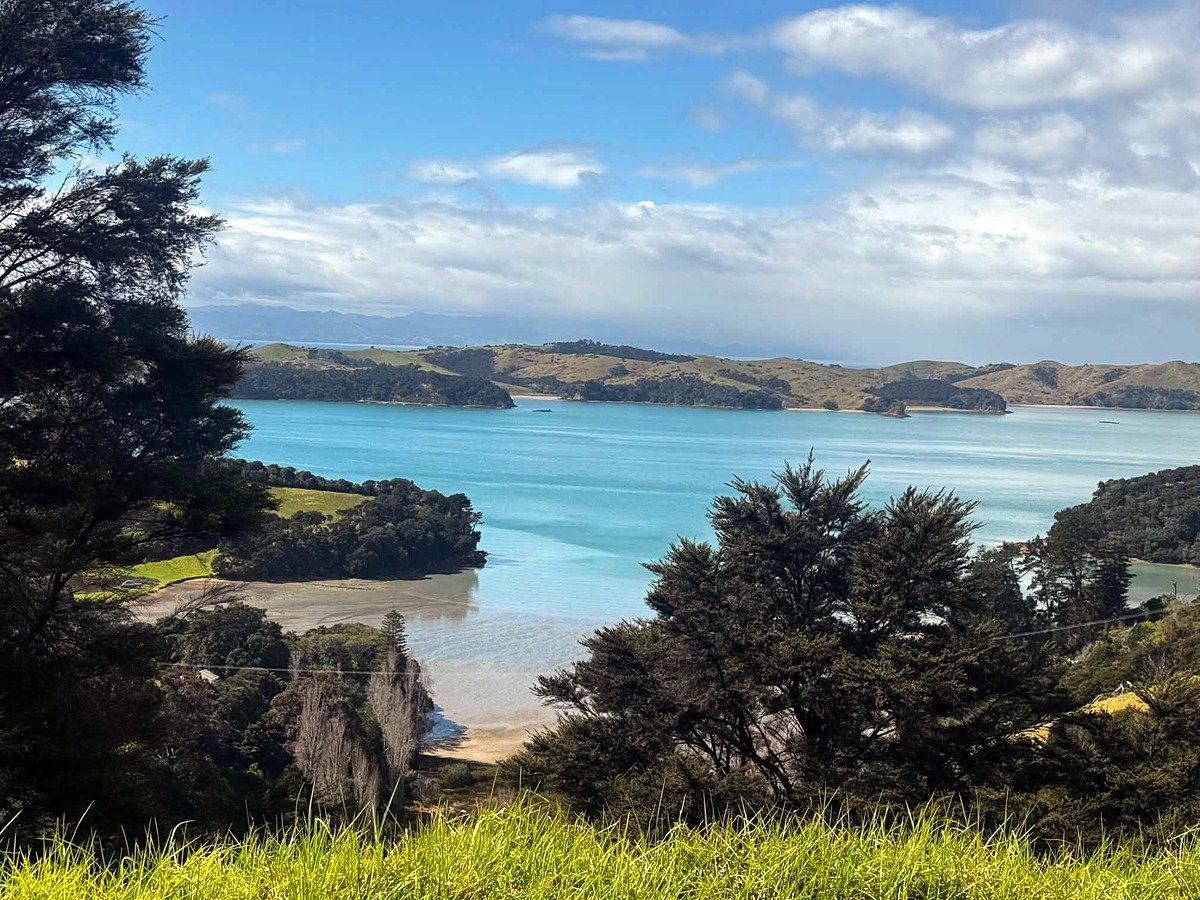 Vista das baías e colinas verdes da ilha Waiheke, perto de Auckland