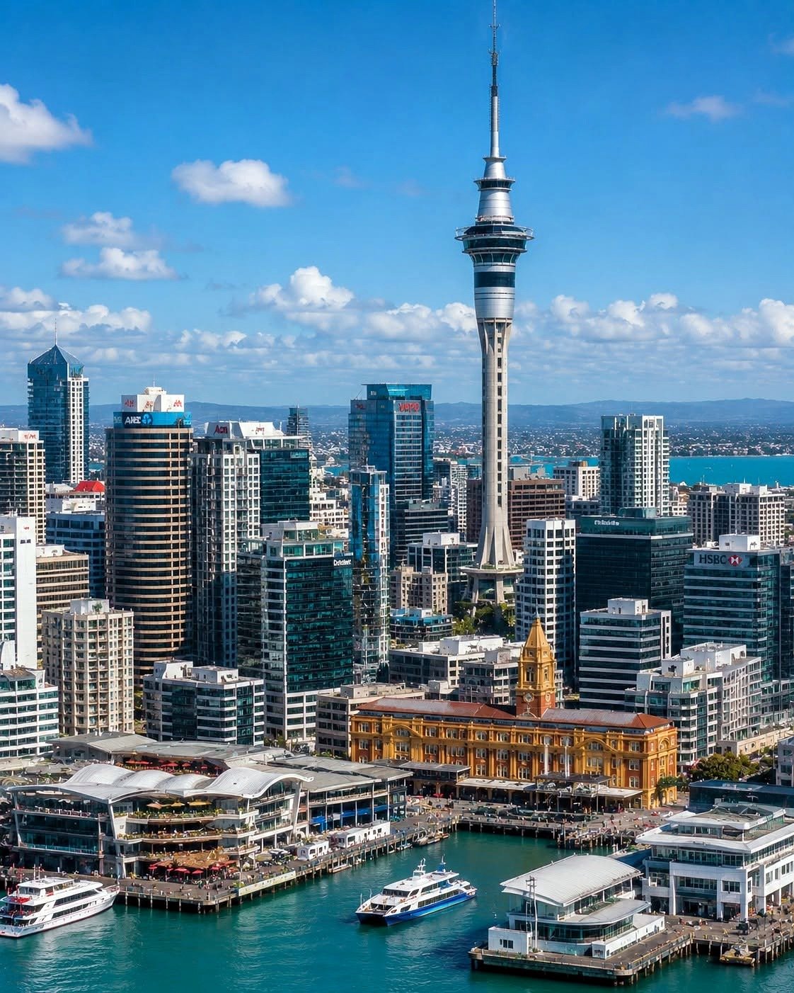 Sky Tower e prédios do centro de Auckland vistos do alto