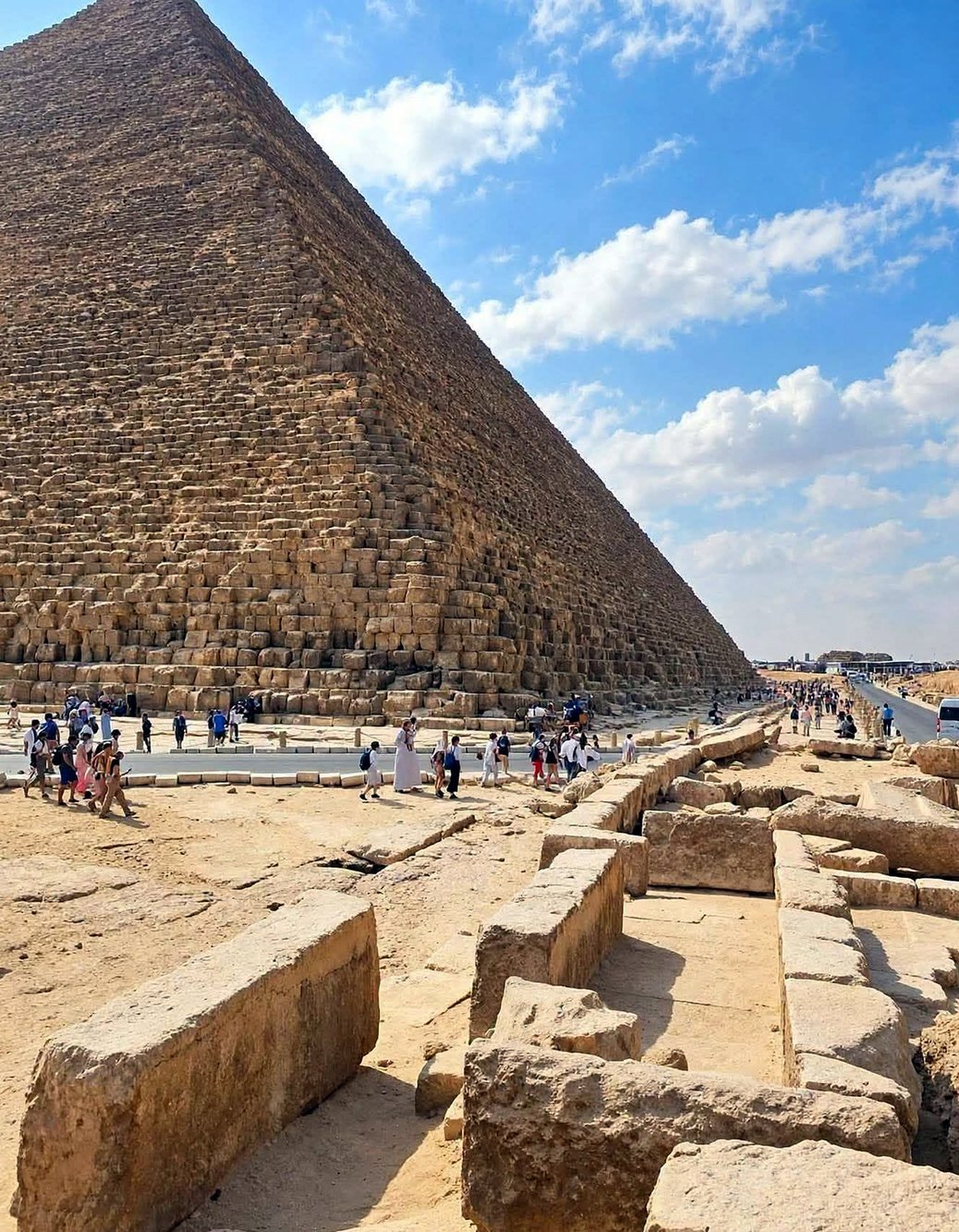 Grande Pirâmide de Quéops em Gizé com turistas na base