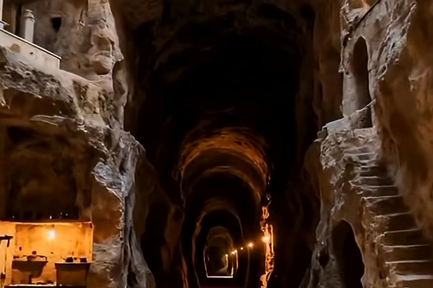 Túneis iluminados da cidade subterrânea de Derinkuyu