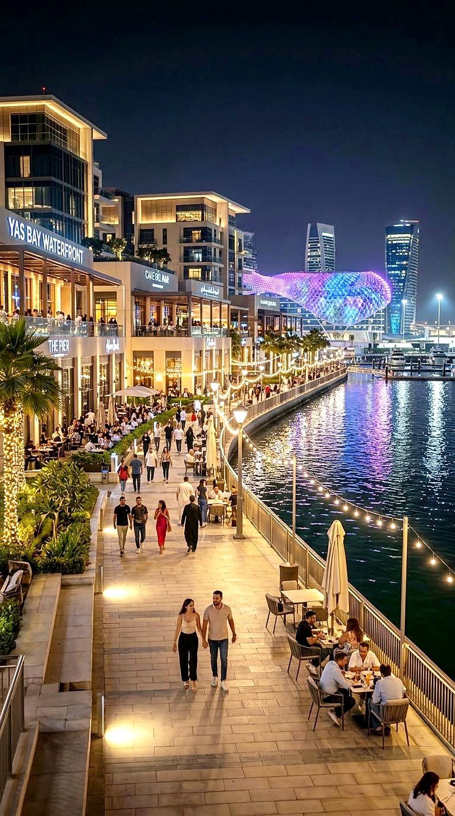Yas Bay Waterfront à noite com restaurantes e calçadão iluminado