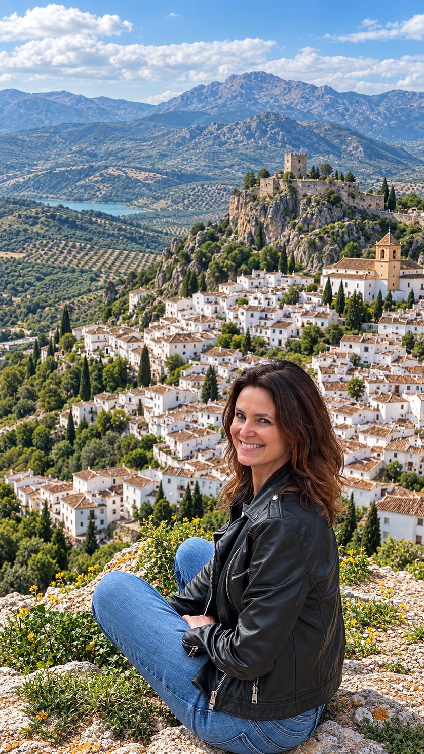 Thaís Baldasso, guia brasileira, no alto de um pueblo blanco da Andaluzia