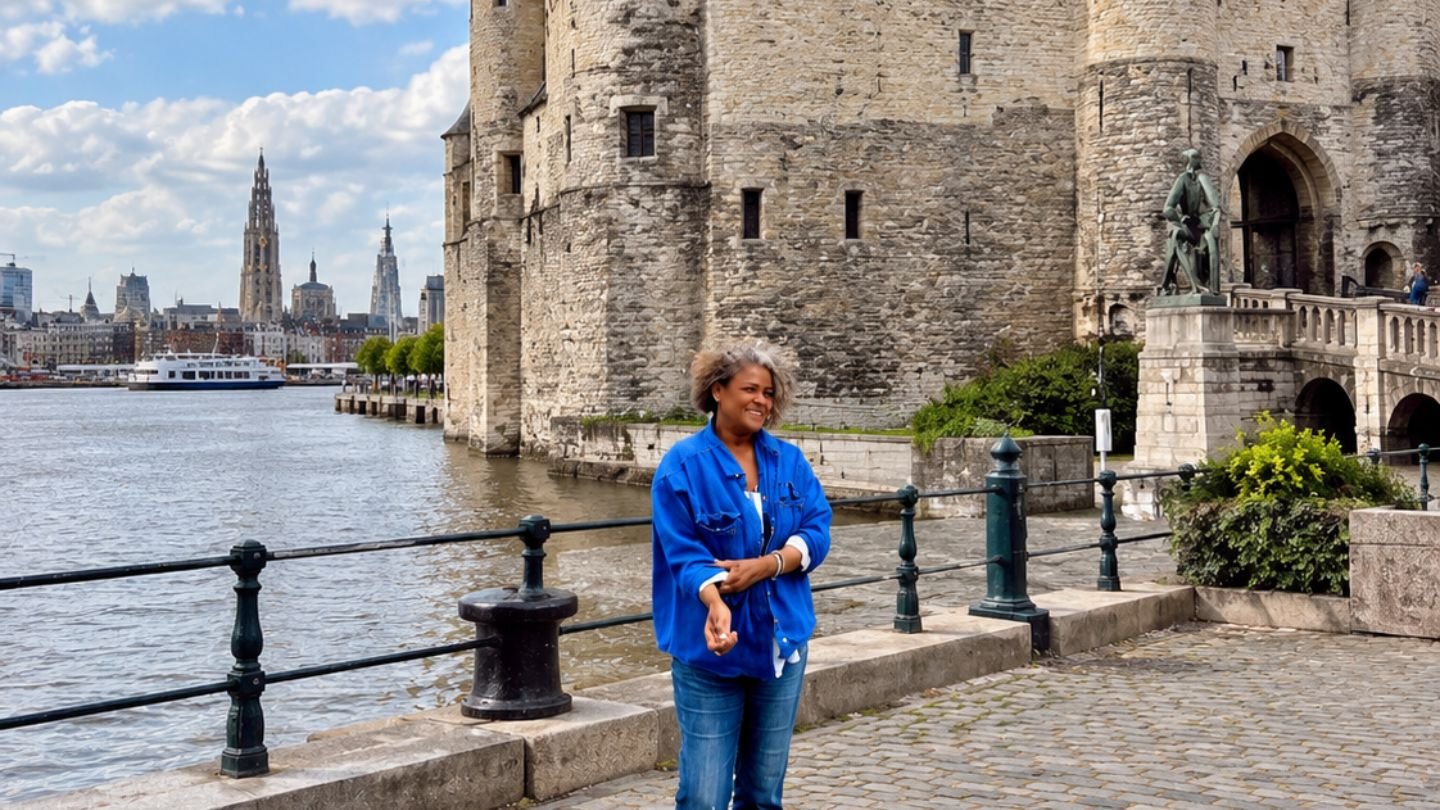 Graça, guia brasileira em Antuérpia, em frente ao Castelo Het Steen