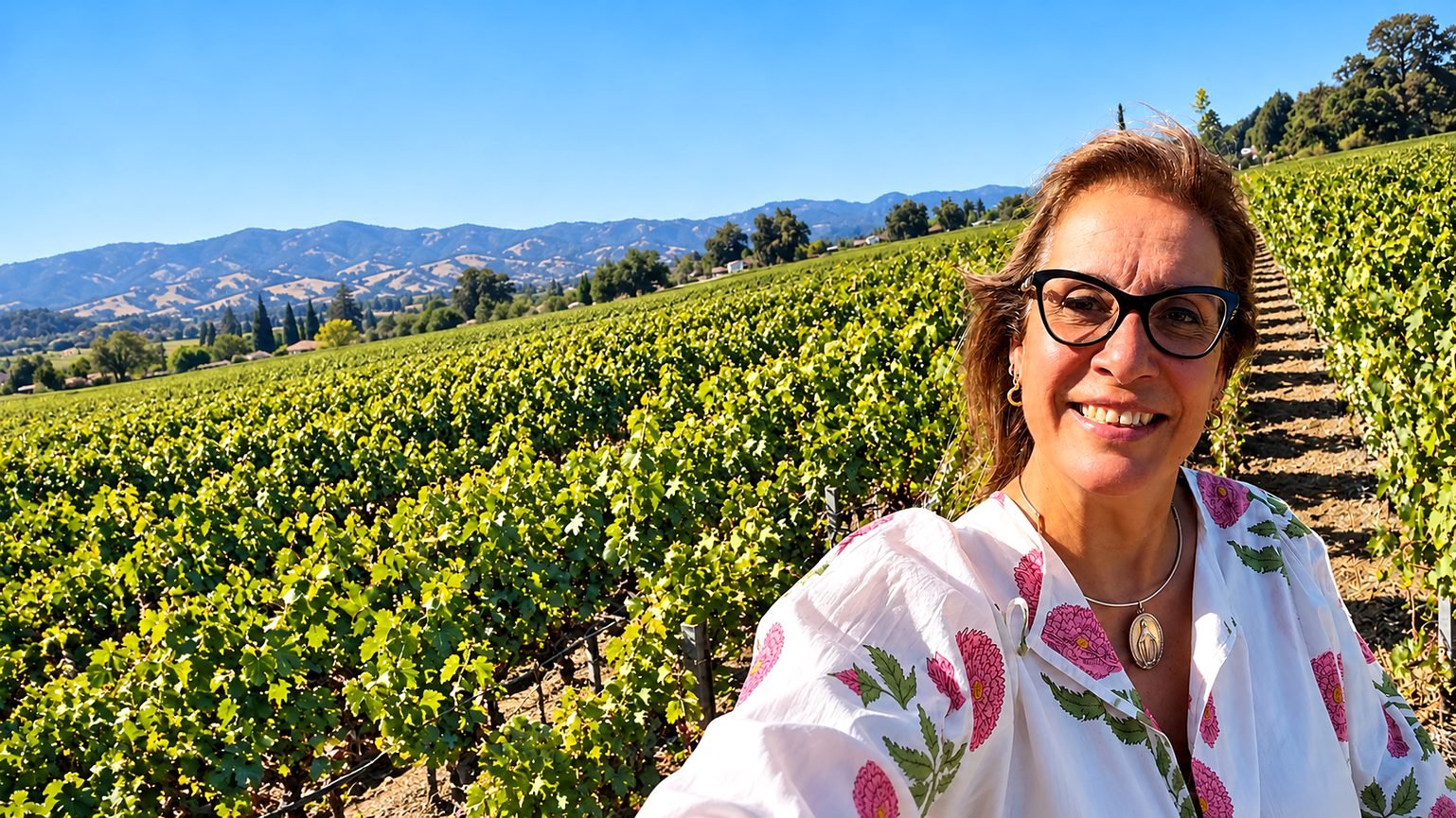 Andréia Brum, guia brasileira em Napa Valley, nos vinhedos da Califórnia