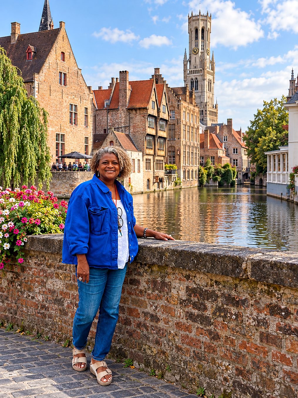 Graça, guia brasileira em Bruges, no Rozenhoedkaai com o Belfort ao fundo