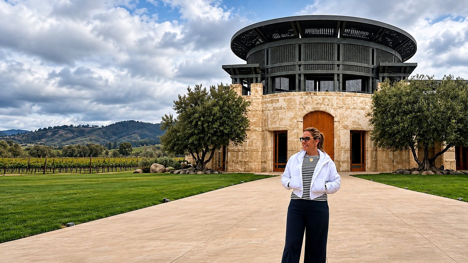 Andréia Brum, guia brasileira, em frente à vinícola Opus One em Napa Valley