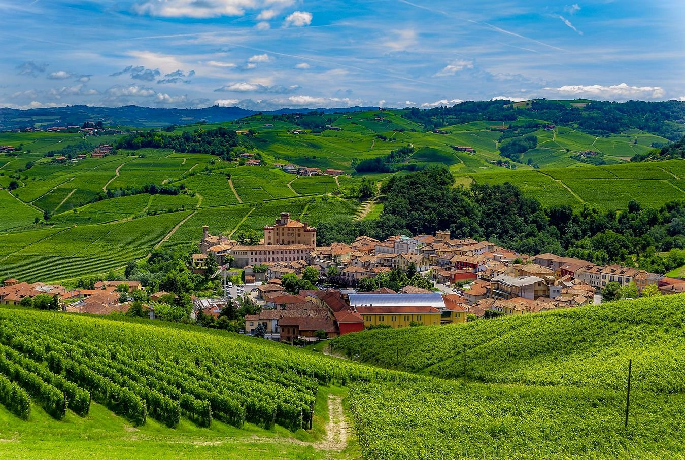 Vila de Barolo e seu castelo cercados de vinhedos nas Langhe, no Piemonte
