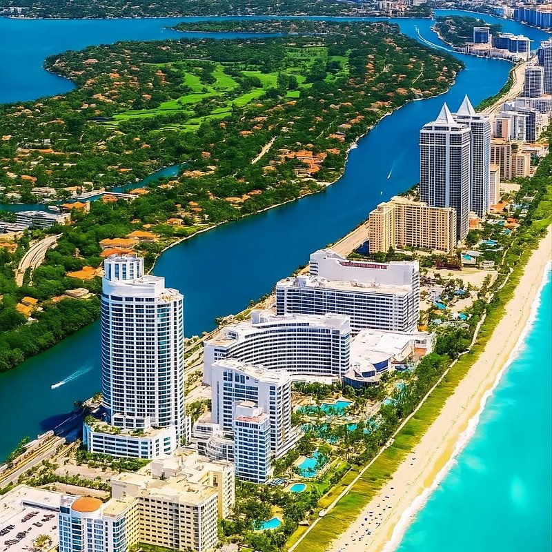 Vista aérea de Miami Beach, com hotéis à beira-mar