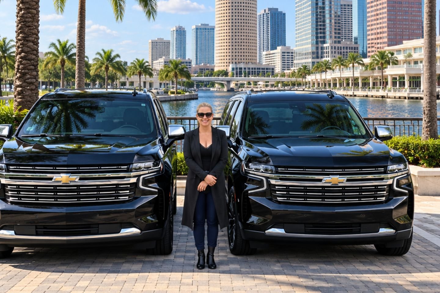Motorista brasileira da 1001 Transportation entre duas SUVs pretas na orla de Tampa, com o skyline da cidade ao fundo
