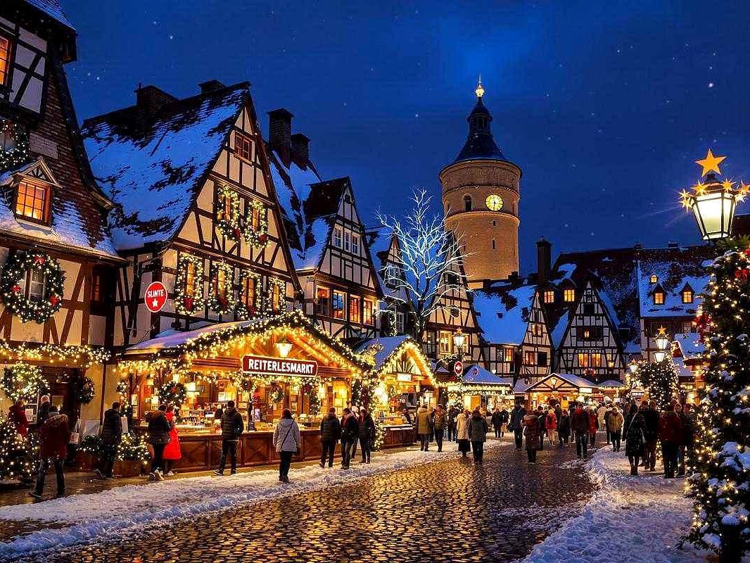 Ilustração de rua de Natal com neve, barracas iluminadas e casas de enxaimel, inspirada no Reiterlesmarkt de Rothenburg
