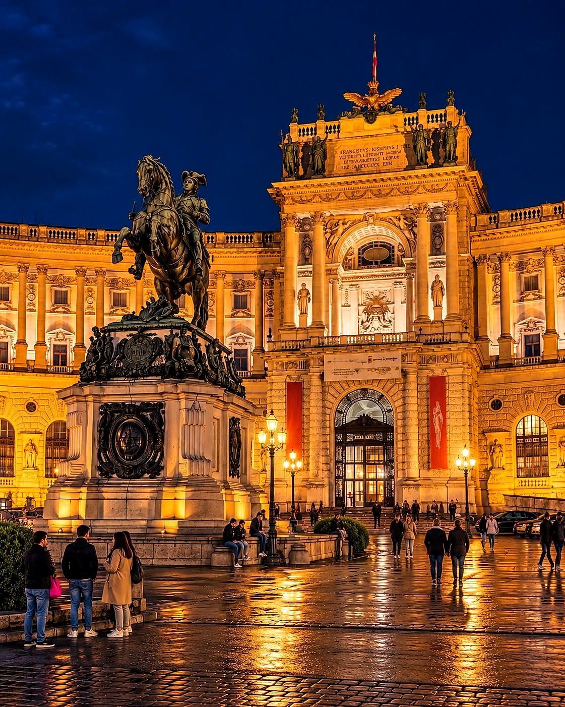 Palácio de Hofburg iluminado à noite, com a estátua do Príncipe Eugênio na Heldenplatz