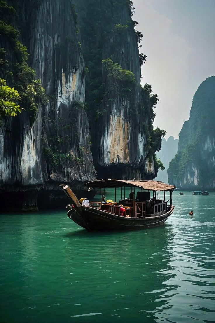 Barco de madeira com turistas diante de grandes rochas de calc&aacute;rio na Ba&iacute;a de Ha Long