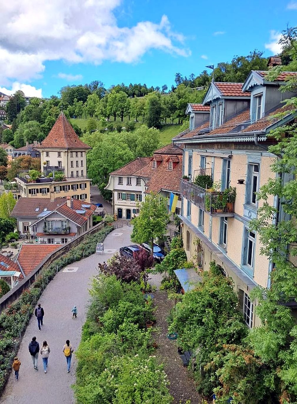 Caminho arborizado entre casas históricas no trajeto para o Parque dos Ursos em Berna