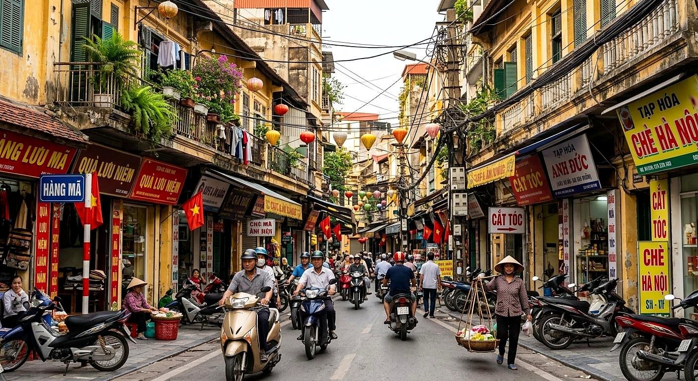 Rua Hang Ma, no Bairro Antigo de Han&oacute;i, com lanternas, bandeiras do Vietn&atilde;, lojas e motos