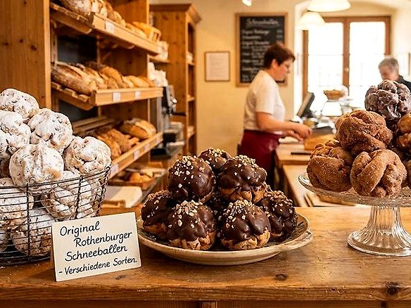Schneeballen com açúcar, chocolate e canela no balcão de uma confeitaria de Rothenburg ob der Tauber