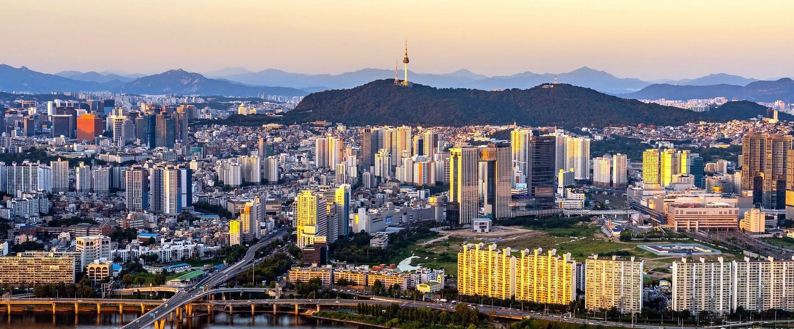 Vista panorâmica de Seul com o rio Han e a N Seoul Tower ao fundo