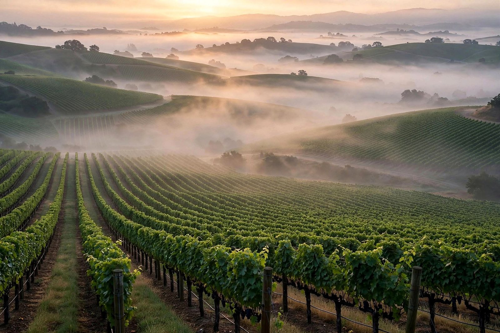 Vinhedos de Napa Valley com névoa ao amanhecer