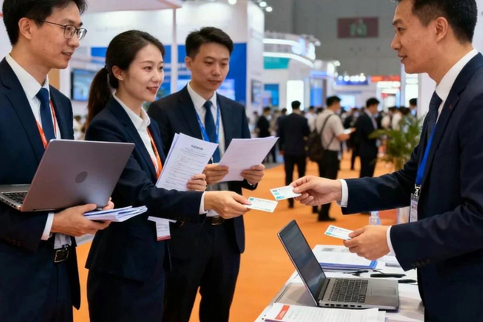Troca de cartões de visita entre compradores e expositores em feira na China