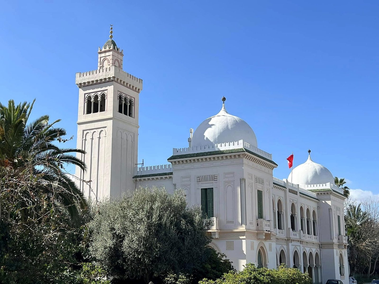 Palácio branco com minarete e cúpulas em Túnis