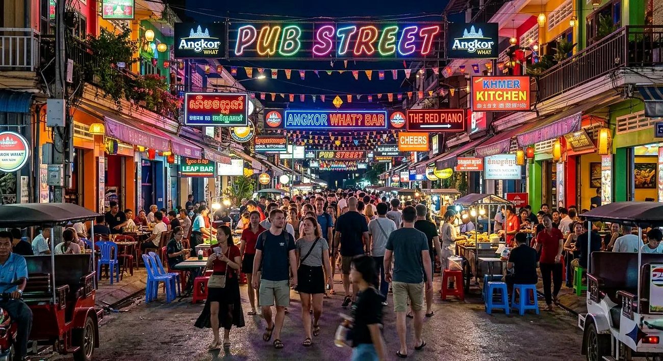 Movimento de turistas, barracas de comida e tuk-tuks na Pub Street à noite