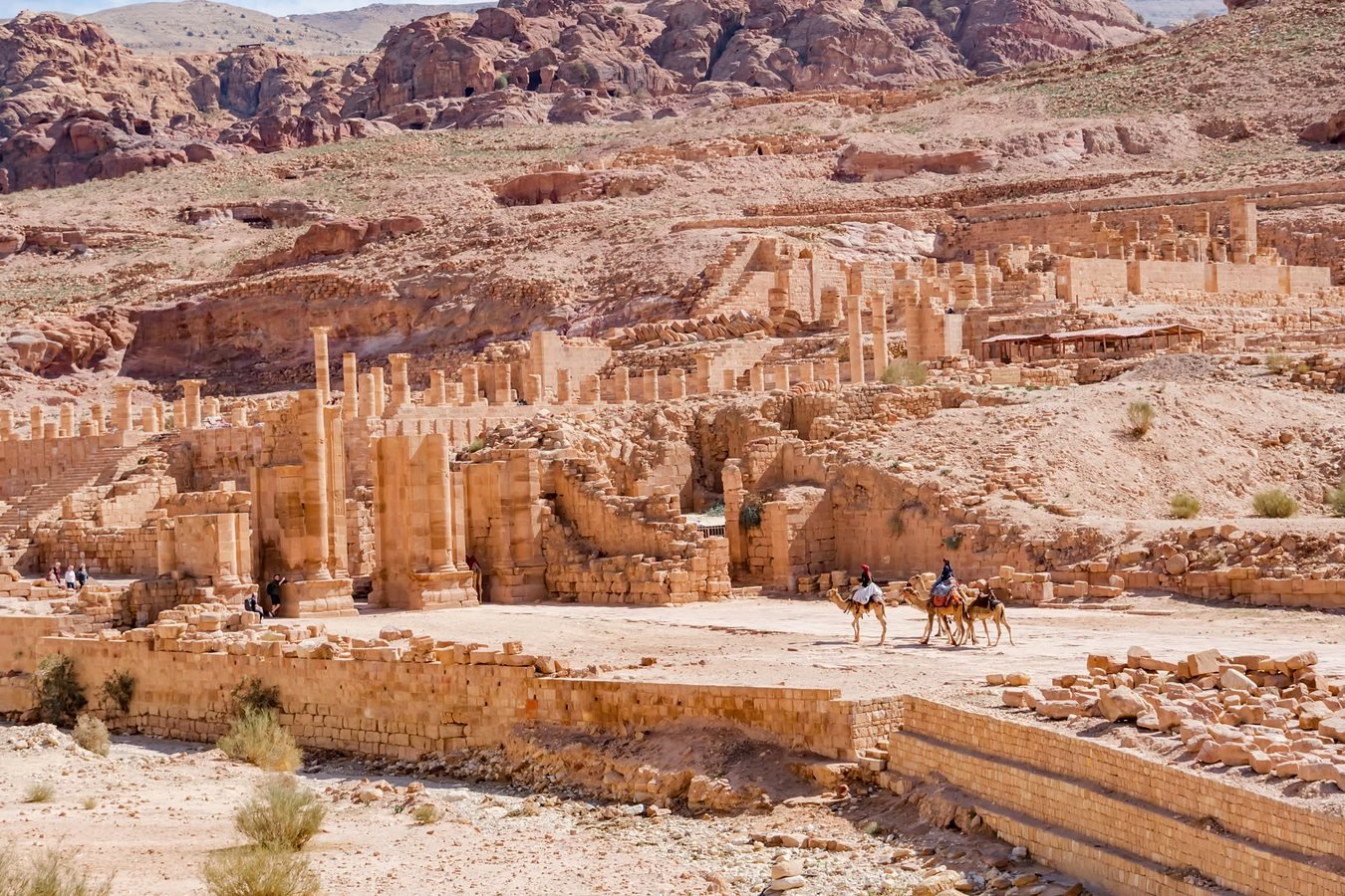 Camelos passando diante das ruínas do Grande Templo de Petra