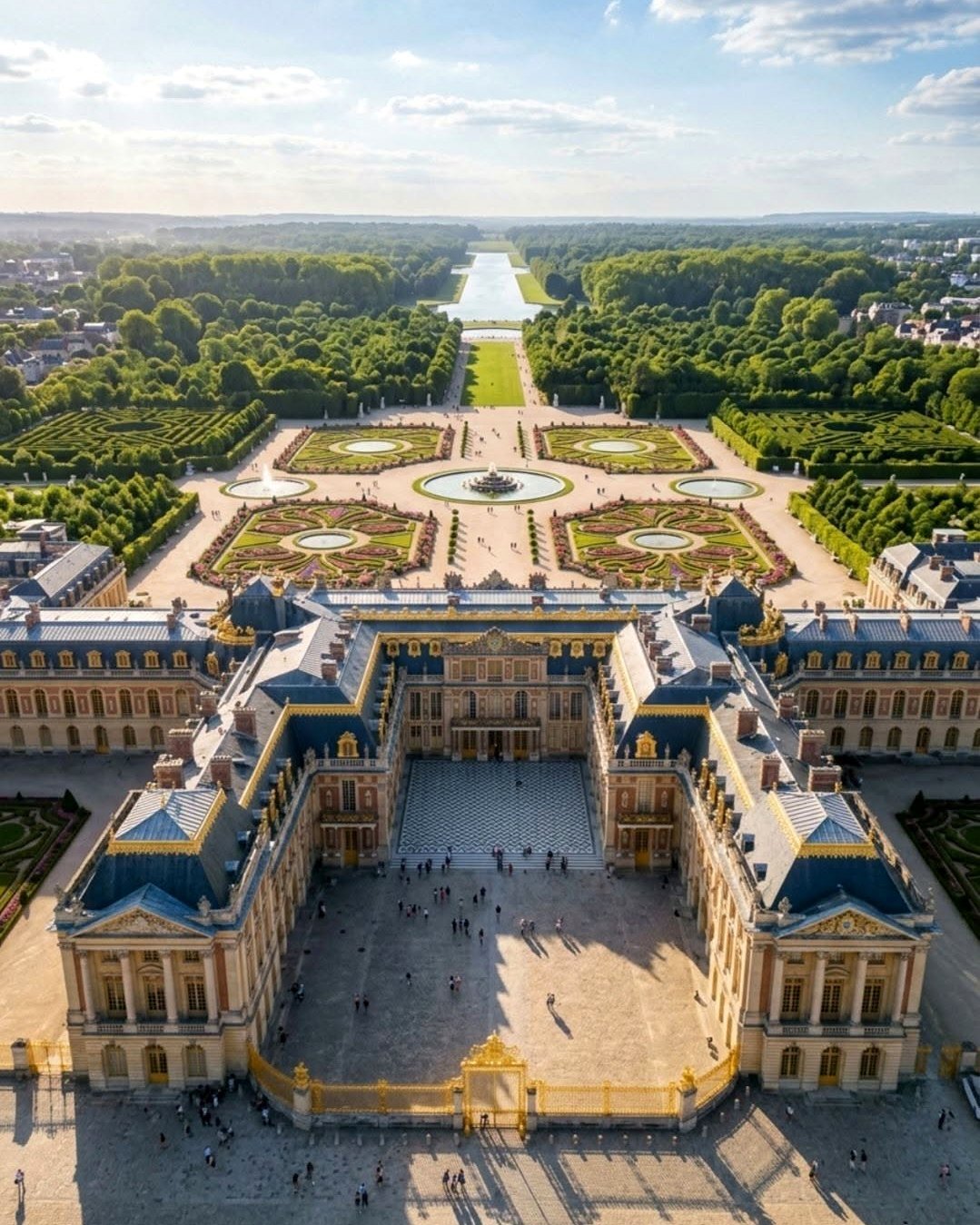 Vista aérea do Palácio de Versalhes, dos jardins e do Grande Canal